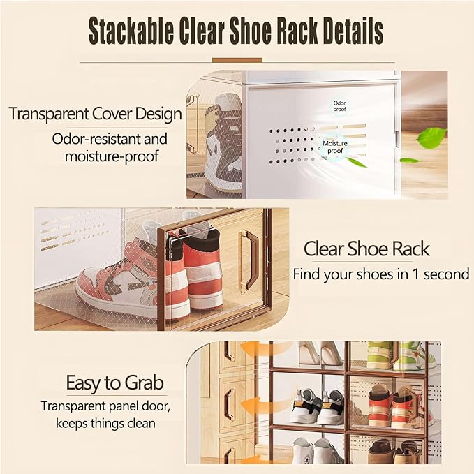 Foldable Shoe Rack Organizer for Closet, 18 Pack Stackable Shoe Storage Cabinet with Clear Door, Collapsible Shoe Organizer Box Display with Stackable System for Entryway