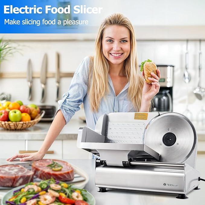 Meat Slicer - Electric Deli Slicer, 200W, Dual 7.5" Blades, Adjustable Thickness 0-15mm, Safe Home Meat Slicer Machine with Stainless Steel and Aluminum Housing