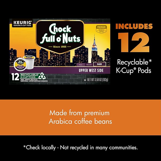Chock Full o' Nuts Upper West Side Keurig K-Cup Pods for Keurig Brewers – Premium Arabica, Dark Roast – Single Serve – 1 Pack of 12 K-Cup Pods