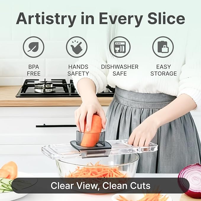 Mandoline Slicer for Kitchen, 6-in-1 Vegetable Cutter with Safe Hand Guard, One-Piece Transparent Body, Easy-Clean Design & Compact Storage for Salad Prep, Chips, Fruits & Daily Cooking