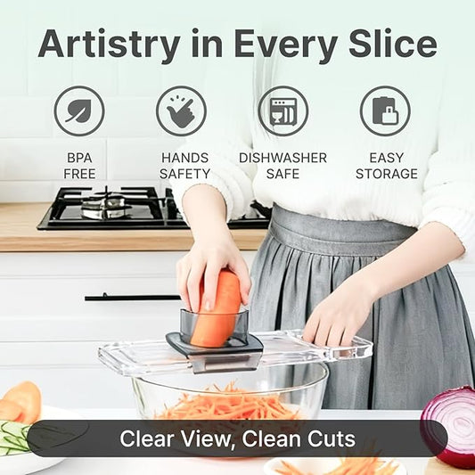 Mandoline Slicer for Kitchen, 6-in-1 Vegetable Cutter with Safe Hand Guard, One-Piece Transparent Body, Easy-Clean Design & Compact Storage for Salad Prep, Chips, Fruits & Daily Cooking