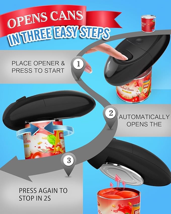 Electric Can Opener Easily Open All Can Sizes with Fast Speed & Smooth Edge, Food-Safe and Battery Operated Can Openers for Kitchen, Automatic Can Opener Hands Free for Weak Hands, Seniors (Black)