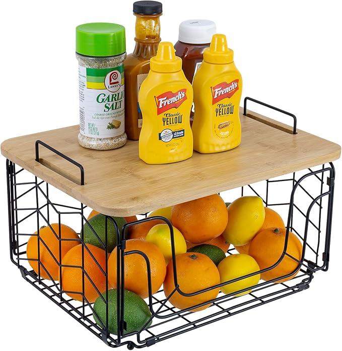 MyGift Kitchen Storage Wire Basket, Foldable Matte Black Metal Fruit and Produce Basket with Bamboo Cutting Board Lid, Pantry Counter Organization