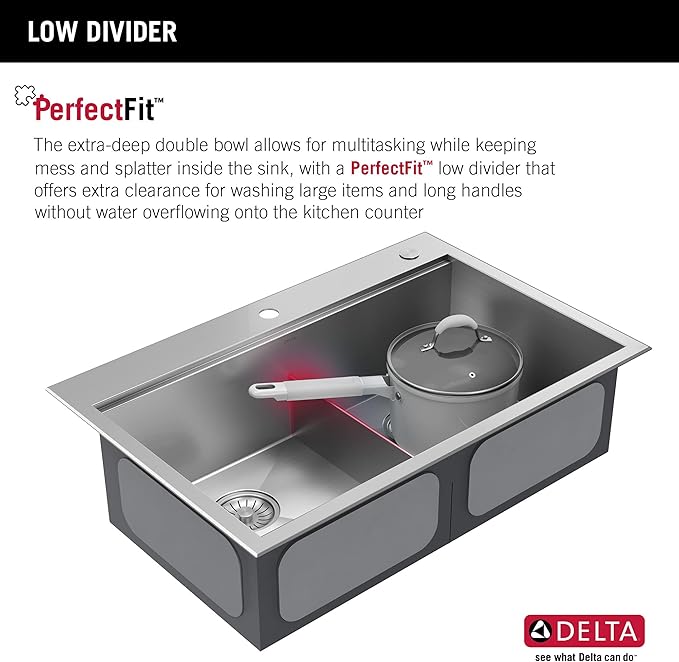 DELTA FAUCET Rivet 33-Inch Workstation Kitchen Sink Drop-In Top Mount 16 Gauge Stainless Steel 50/50 Double Bowl with WorkFlow Ledge and Chef’s Kit of 8 Accessories, 95A931-33D-SS