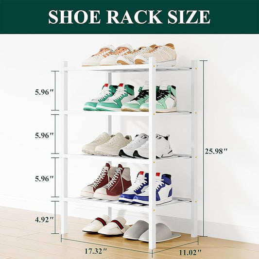Smiry Shoe Rack, 4 Tier Small Bamboo Shoe Organizer, Stackable Free Standing Wooden Shoe Storage Shelf for Closet, Entryway, Front Door Entrance, White