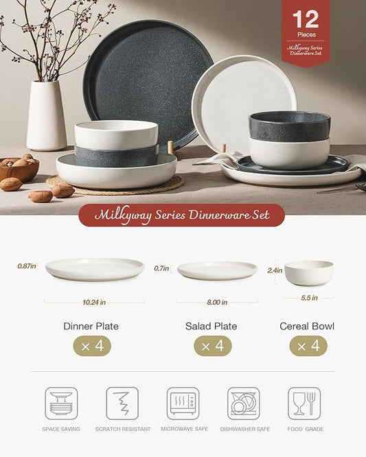 Famiware Milkyway Plates and Bowls Sets, 12 Pieces Dinnerware Sets, Reactive Glaze Dish Set, Stoneware Dishes Set for 4, Matte Beige White & Matte Dark Charcoal