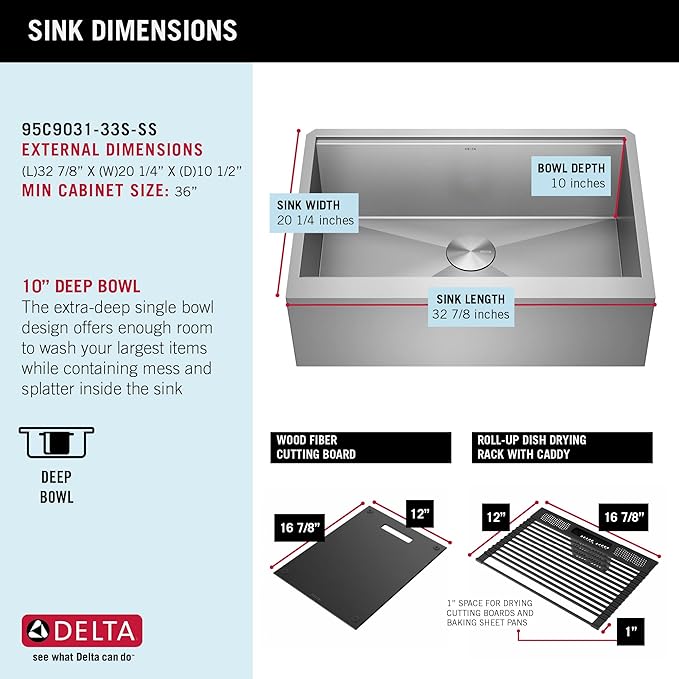 DELTA FAUCET Rivet 33-inch Workstation Farmhouse Apron Front Kitchen Sink Undermount 16 Gauge Stainless Steel Single Bowl with WorkFlow Ledge and Kit of 5 Accessories, 95C9031-33S-SS