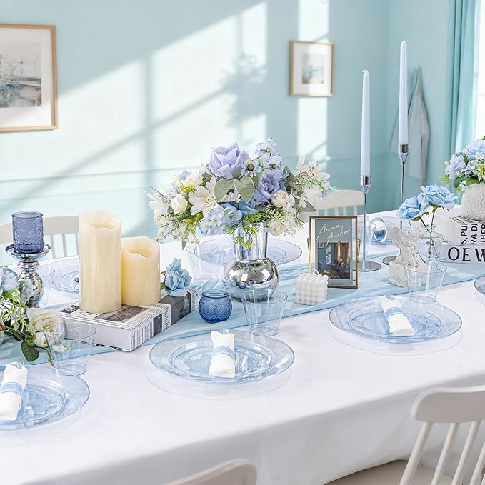 DaYammi 350 Pieces Blue Glitter Dinnerware Set 50 Guest for Party- 50 Dinner Plates, 50 Dessert Plates -50 Per Rolled Napkins with Blue Cutlery - 50 Disposable Cups 9 OZ