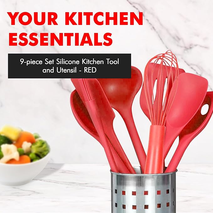 Chef Craft Premium Silicone Kitchen Tool and Utensil Set, 9 Piece, Red