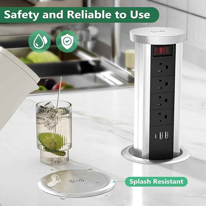 Pop Up Outlet Countertop with 10 W Wireless Charger, 4 Outlets,3 USB Ports, Splash Resistant, Automatic Pop Up Outlet for Kitchen Counter Islan, Office Conference Table