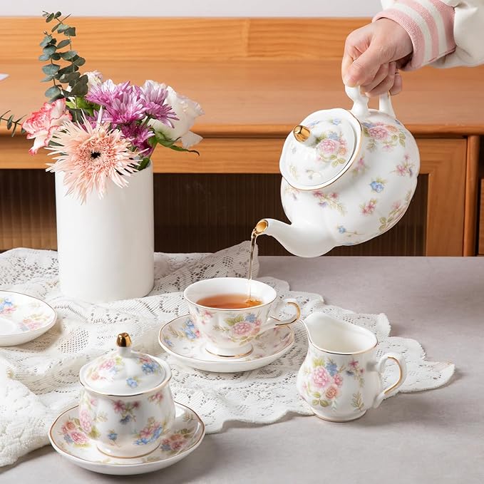 Sweejar Ceramic Teapot with Infuser, Floral Relief Gold Rimmed Teapot, 29 OZ Porcelain Tea Pot for Blooming and Loose Tea, Coffee...(Small Flower)