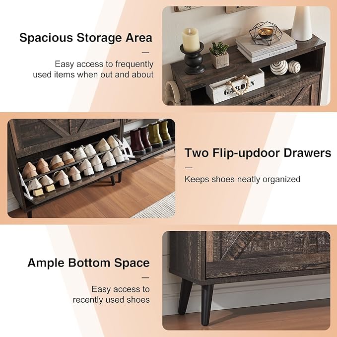 Shoe Storage Cabinet,Farmhouse Shoe Organizer with 2 Flip Drawers & Barn Door Design,Freestanding Hidden Slim Narrow Shoe Rack Cabinet with Open Storage for Entryway, Foyer,Hallway, Dark oak