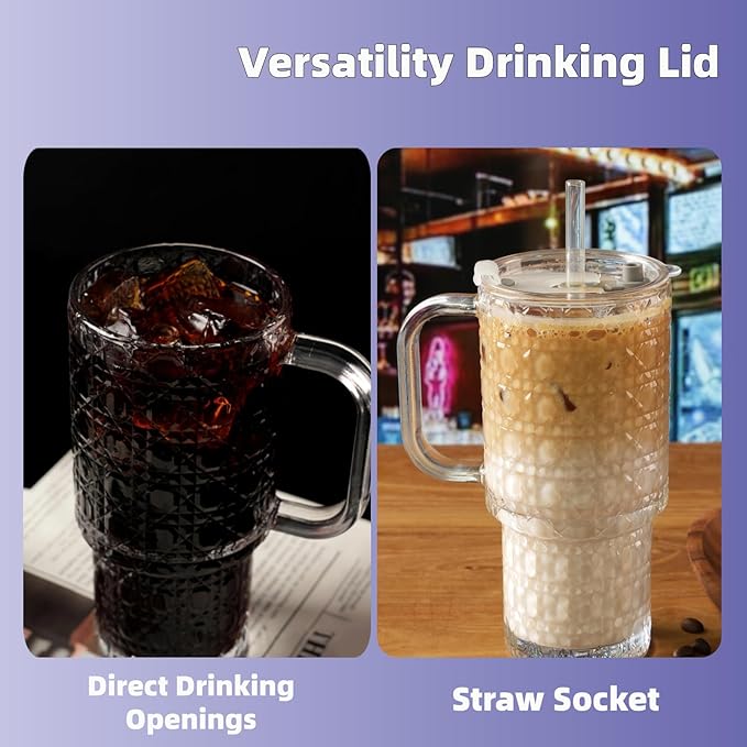 20 oz Glass Tumbler With Lid and Straw Set, 4 Pcs Large Ribbed Glass Tumbler, Reusable Iced Coffee Cups for Water, Tea, Coffee, Juice, Yogurt, And Soda Water