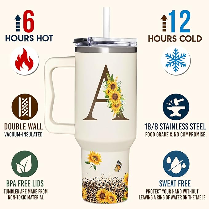 Personalized Birthday Gifts For Women - Sunflowers Monogrammed Cup For Boss Day, Christmas - Customized Gifts For Women, Mom, Wife, Coworkers, Boss Lady, Her - Custom Tumbler With Handle 40oz