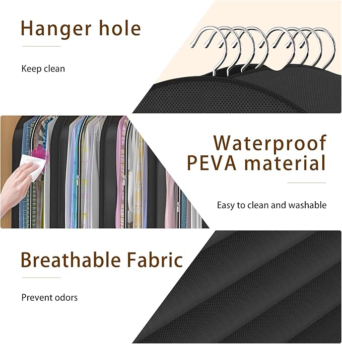 Black Garment Bags for Hanging Clothes 4 Packs, 10“ Gusseted and 32" Clothes Protectors for Hanging Clothes for Closet, Shirts, Coats, Dresses