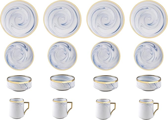 Fine China Artisan Marbled 16pc Dinner Set, Blue with Gold