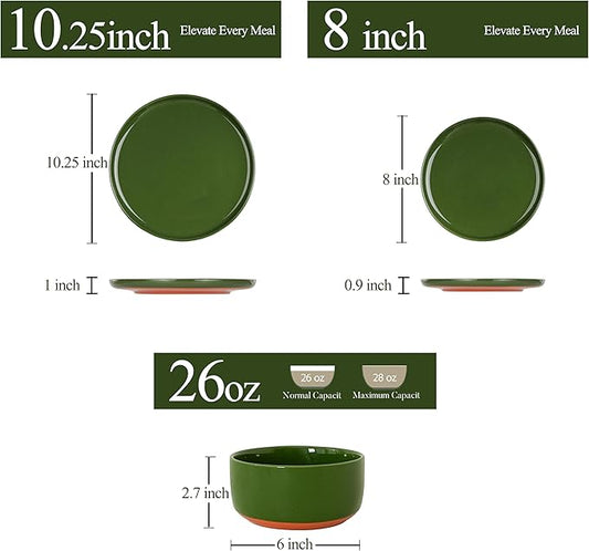12 Piece Dinnerware Sets for 4, Dual Glaze Stoneware Plates and Bowls Set, Microwave and Dishwasher Safe, Forest Glaze Green