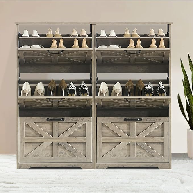 Shoe Storage Cabinet with 3 Flip Drawers, Farmhouse Shoe Organizer with Barn Door Design, Space-Saving Hidden Narrow Shoe Rack Cabinet for Entryway, Hallway & Foyer，White