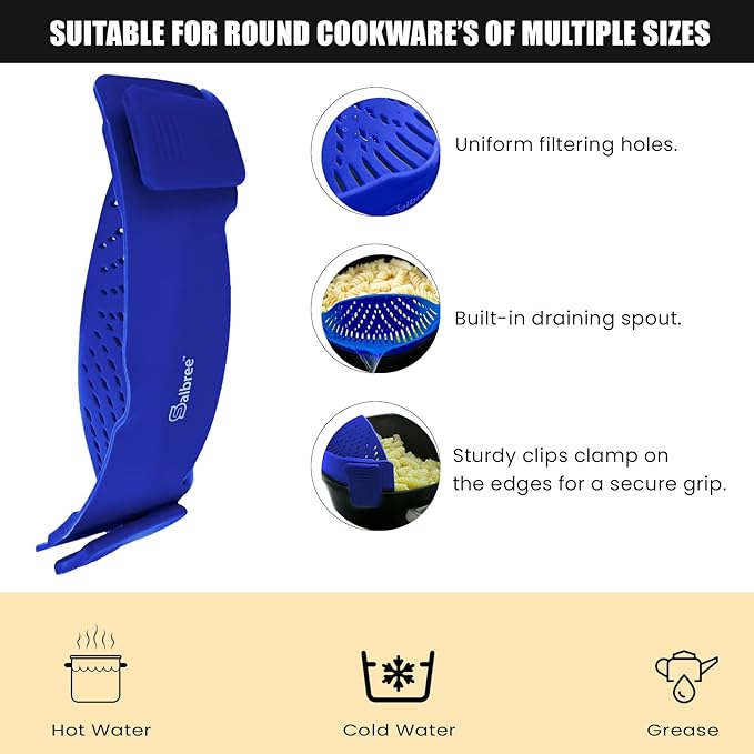 Clip-On Kitchen Food Strainer for Spaghetti, Pasta, Ground Beef Grease, Colander & Sieve Snaps on Bowls, Pots and Pans, Set includes Silicone Strainer, Brush & Garlic Peeler by Salbree (Dark Blue)