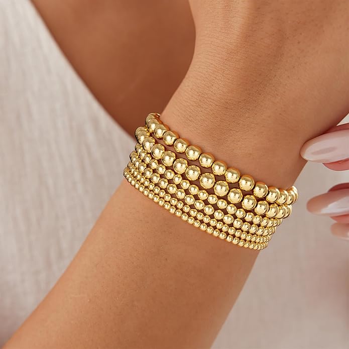 Gold Bracelets for Women, 14K Gold Plated Beaded Bracelets Gold Strand Bead Ball Bracelet Stack Set Adjustable Bracelet Set Waterproof Jewelry for Women Gifts Non Tarnish