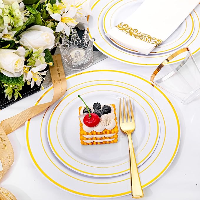 175 Pcs Gold Dinnerware Set, Plastic Plates Disposable for 25 Guests Include:25 Gold Rim Dinner Plates, 25 Dessert Plates, 25 Paper Napkins, 25 Cups, 25 Silverware Set Perfect for Party