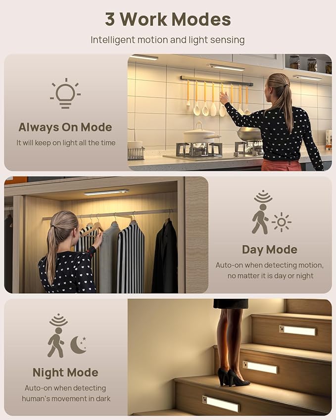 Under Cabinet Lights with Remote Control,2500mAh USB Rechargeable Motion Sensor Light Indoor,350 Lumen LED Closet Light,3 Color Temps Wireless Under Counter Lights for Kitchen, Wardrobe,Hallway,7 Pack
