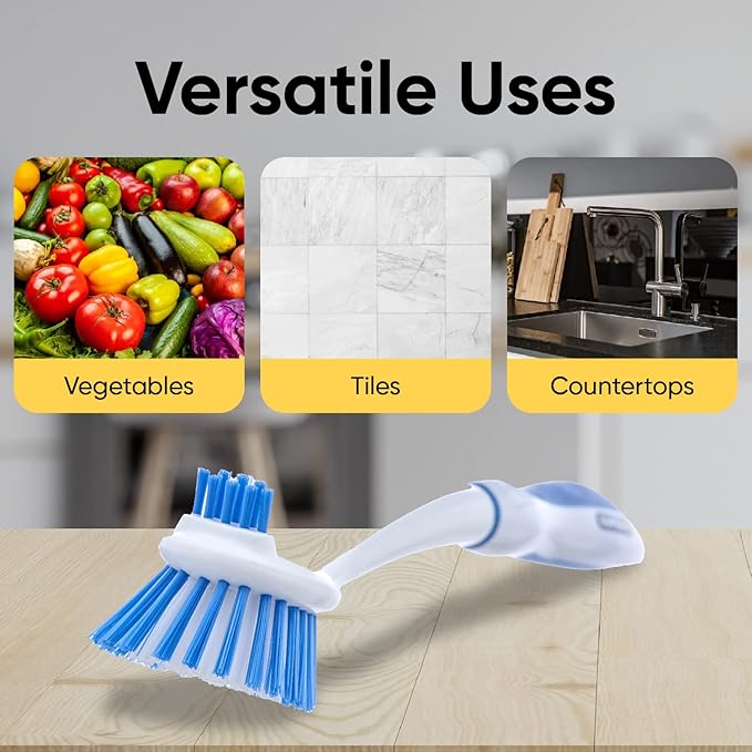 Dish Washing Vegetable Brush Scrubber with Stainless Steel Grill Brush, Scourer Sponge Brush Set with Long Handle and Rubber Grip, Non-Scratch, Kitchen Cleaning Set (2 Pack, Blue)