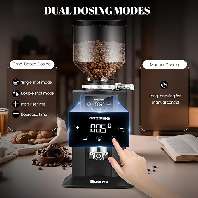 Huanyu Commercial Coffee Grinder with 74mm Flat Burr Reinforced 53oz Bean Hopper (40% Thicker), 15 Stepless Grinds, Touch Screen Black