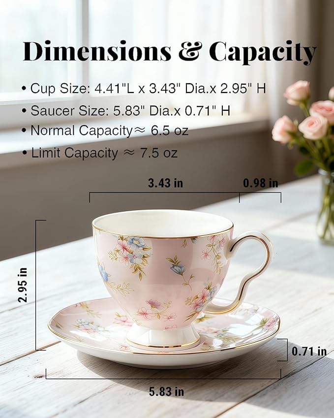 Exquisite Bone China Tea Cups and Saucer Set – Elegant Porcelain Tea Cups, Beautifully Detailed for Tea Lovers, Gift-Ready for Christmas, Hostess, Holiday Gift & Fall Decor