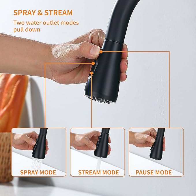 Keer Matte Black Single Handle Pull Down Kitchen Faucet with Soap Dispenser, 3 Modes Sprayer, Deep Plating Metal Finish, Easy Assembly, 20-Inch