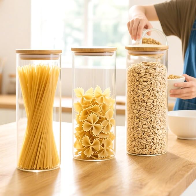 Glass Food Storage Containers for Pasta Spaghetti, 11in Tall Glass Jars with Airtight Bamboo Lids, Kitchen Storage Pantry Jars Organizers, For Cookies Flour Cereal Coffee Beans (Set of 3)