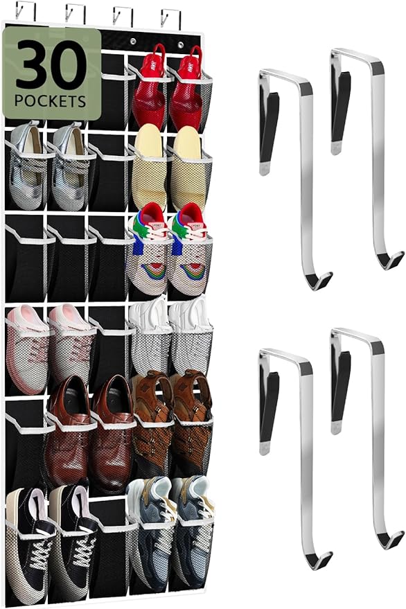 PAULONE Over the Door Shoe Organizer, 30 Multi-Size Large Breathable Mesh Pockets, Reusable Breathable Large Mesh Pockets, Boys' and Girls' Shoe Organizer, Space Saving Hanging Organizer (Black)