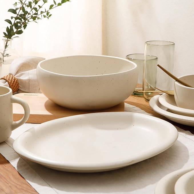 Bloomhouse - Two Time Oprah's Favorite Things Winner - Corsica Clay 2-Piece Serving Set – Oval Platter and Bowl in Sea Salt White, Durable Stoneware for Entertaining & Everyday Use