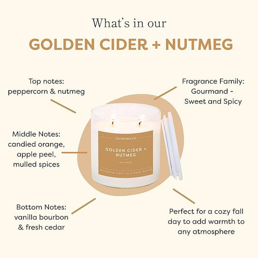 Calyan Wax Co. Golden Cider & Nutmeg 2 Wick Scented Candle - 37 Hour Burn - Luxury Non Toxic Soy Wax Candles - Long Lasting Large Glass Jar Candle for Home - 8.8oz