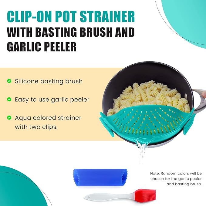 Clip On Kitchen Food Strainer for Spaghetti, Meat, Pasta, & Ground Beef Grease, Colander & Sieve Snaps or Clips Onto Bowls, Pots & Pans Includes Silicone Drainer, Brush & Garlic Peeler (Aqua)