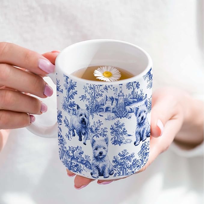 West Highland White Terrier Blue French Toile Mug, Westies Lover Gifts for Women, Blue Chinoiserie Toile Coffee Cup for Westie Mom, Dog Lovers Tea Coffee Mug Birthday Gifts for Dog Owners, 11oz