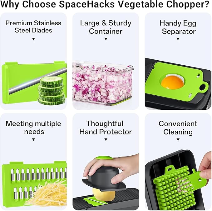 15-in-1 Vegetable Chopper, Kitchen Gadgets with 10 Blades, Veggie, Food, Onion Chopper, Cucumber Slicer, Versatile Mandoline, Includes Egg Separator & Finger Guard, Green