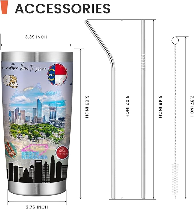 20oz Insulated Tumbler North Carolina State Coffee Mug, United States Map Travel Mug Landmark, Birthday Gifts Cute Custom Tumbler Cups with Lid and Straw Gifts for Mom