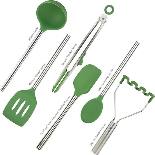 Tovolo Silicone Cooking Utensil Set of 6 Pesto Green Ladle Slotted Turner Tongs Flex Core Spatula Scraper Mixing Spoon and Potato Masher, Dishwasher Safe Non Toxic BPA Free Silicone Kitchen Utensils