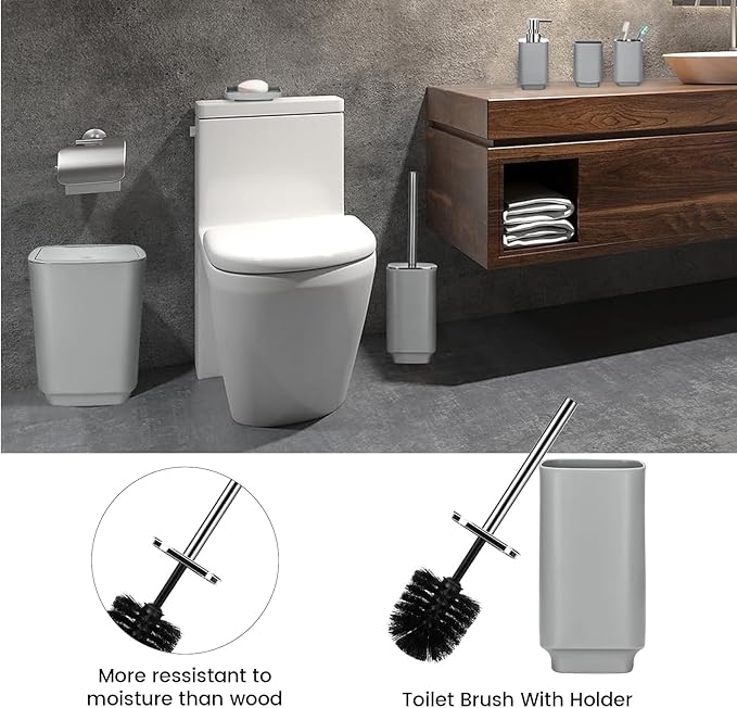 Bathroom Accessory Set 6 Piece Bathroom Accessories Set with Toothbrush Holder&Cup,Soap Dispenser& Dish,Toilet Brush Holder,Trash Can Plastic Gift Set for Bathroom Decorative Countertop（Gray