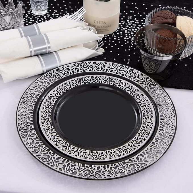 NOCCUR 210PCS Black and Silver Dinnerware Set for 30 Guests - Black Plastic Plates with Silver Rim Include 30 Dinner / 30 Dessert Plates, 30 Prewrapped Silverware, 30 Cups Ideal for Party/New Year