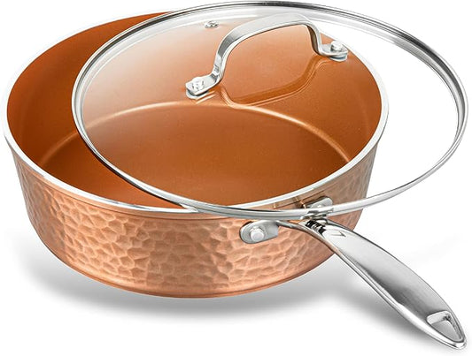 GOTHAM STEEL 4 Qt Saute Pan with Lid, Large Nonstick Skillet for Cooking, 12” Hammered Deep Frying Pan, Family Sized Pans, Ceramic Coating for Sauce, Induction Ready Oven & Dishwasher Safe, Non Toxic