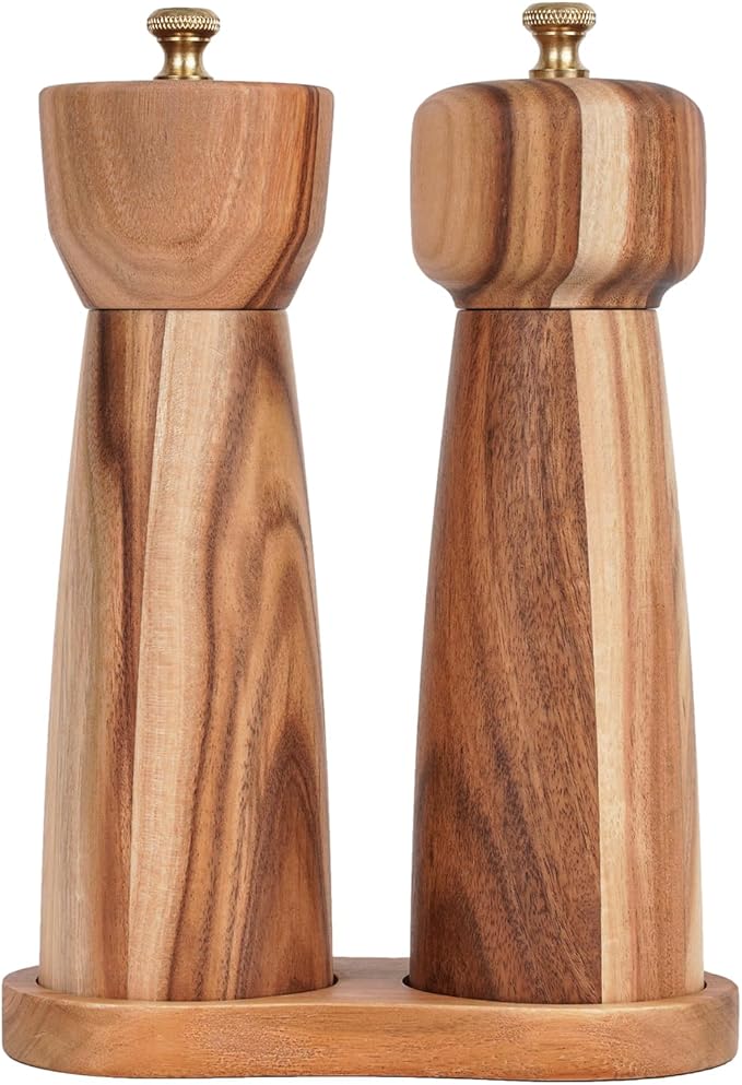 Salt and Pepper Mill Set with Tray, Adjustable Ceramic Grinder Salt Mill, Stainless Steel Grinder Pepper Mill, Acacia Wood, 20.5 cm/ 8 Inch Height, Bottom Dia 6 cm /2.36 inch