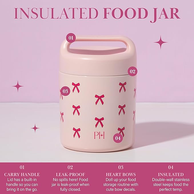 Paris Hilton Stainless Steel Food Jar, Double Wall Vacuum Sealed Insulated Food Storage Container with Carry Handle Lid, 12-Ounce, Pink with Bow Design