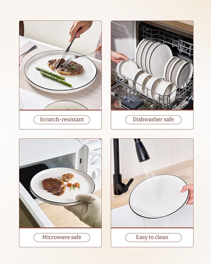 Famiware Porcelain Dinnerware Set, 24-Piece Modern Plate and Bowl Set, dish set for 8, Microwave and Dishwasher Safe Tableware, White with Black Trim