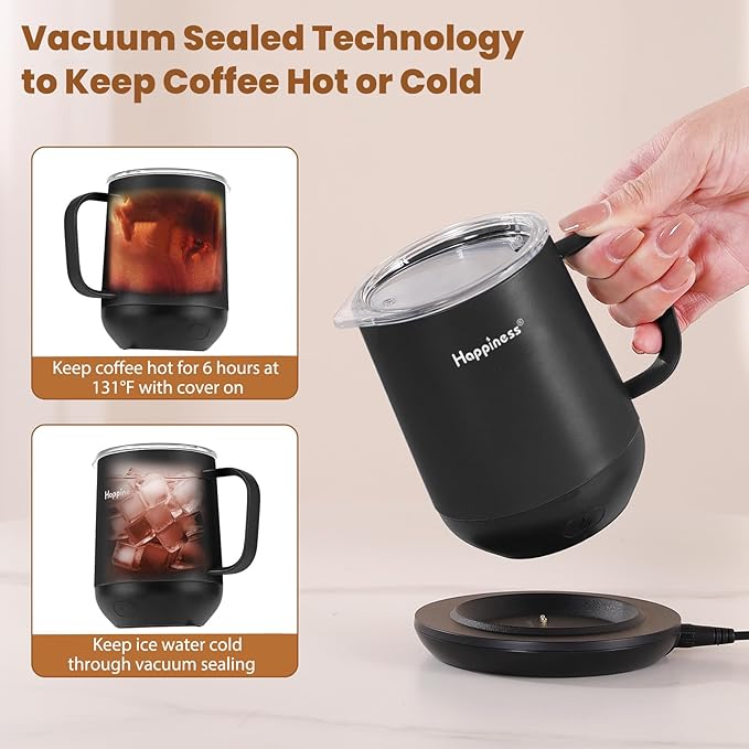 Happiness Smart Heated Coffee Mug,12oz Rechargeable Electric Self Heating Temperature Control Coffee Cup