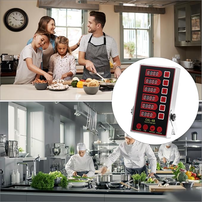 QWORK Kitchen Timers for Cooking – 6 Channel Commercial Kitchen Timer with Ultra-Loud Alarm, LED Display, No Battery Needed, for Restaurants and Catering