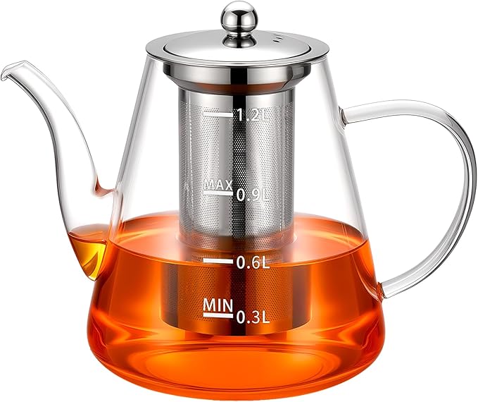PARACITY Glass Teapot Stovetop 41 OZ/1200ml, Tea pot with Removable Stainless Steel Infuser, Borosilicate Clear Tea Kettle with Scale, Teapot Blooming and Loose Leaf Tea Maker Tea Brewer for Camping