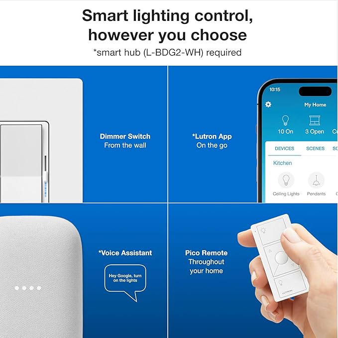 Lutron Diva Smart Dimmer Switch Kit for Caseta Lighting w/ Hub, Pico Remote & Pedestal, Smart Dimmer Works with Apple Home, Ring, Google Home, 3 Way, DVRF-BDG-1DP-A