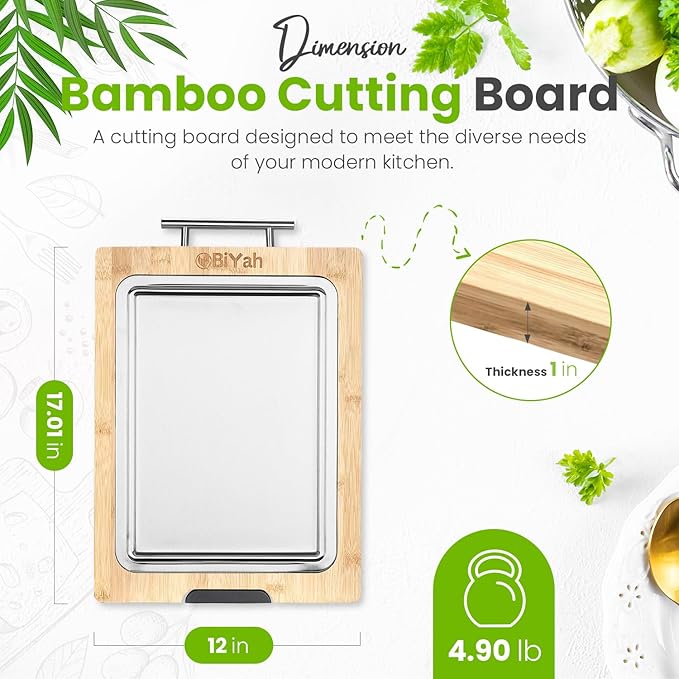 Premium 304 Stainless Steel Metal Cutting Board for Kitchen – 2 in 1 Bamboo and Steel Chopping Board for Kitchen with Juice Groove for Cutting Meat, Vegetables and Fruits - Easy Clean - 17.1”x12”